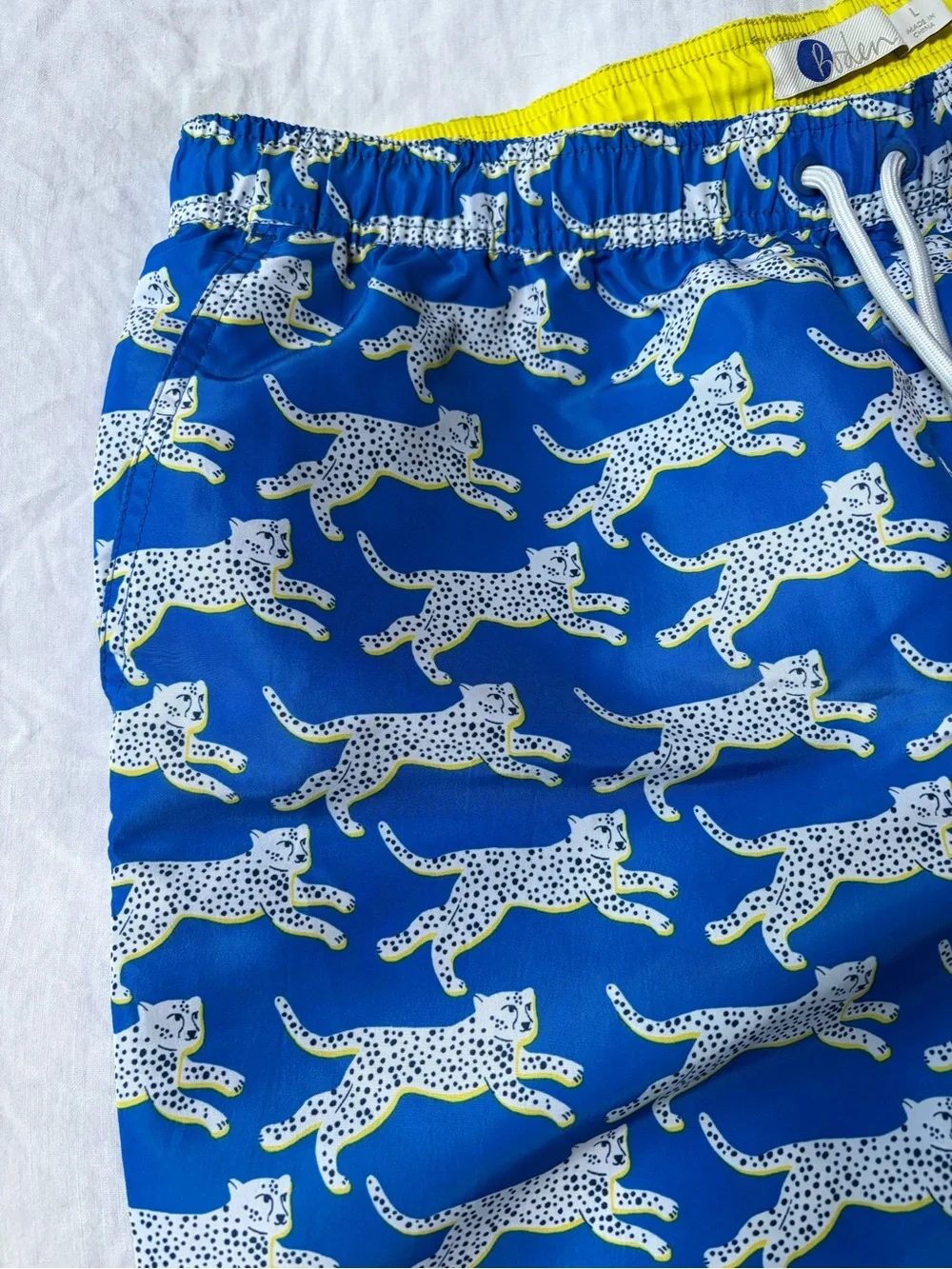Boden Men's Blue Cheetah Print Lined Swim Shorts